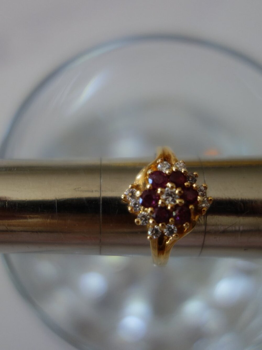 Vintage 11 Cubic Zirconia and 6 Synthetic Ruby Size 5.5 Gold (5K) Plated Ring